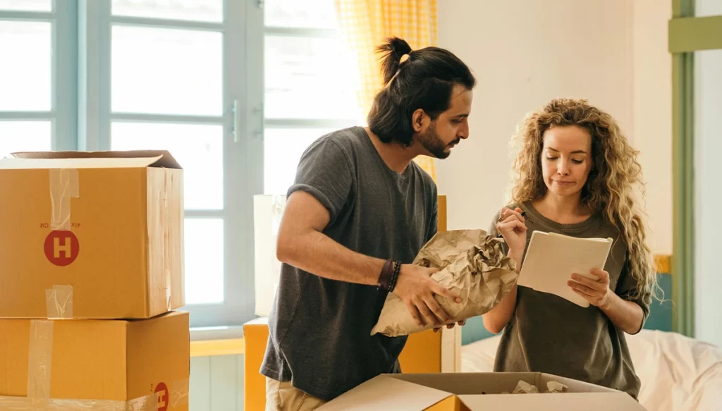 Couple packing items into boxes