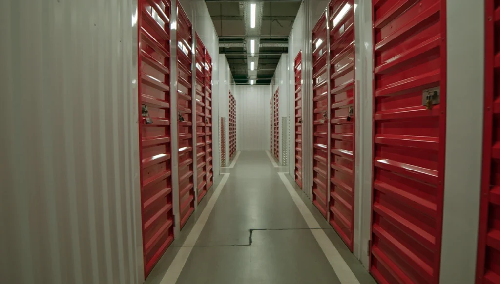 empty hallway of storage units
