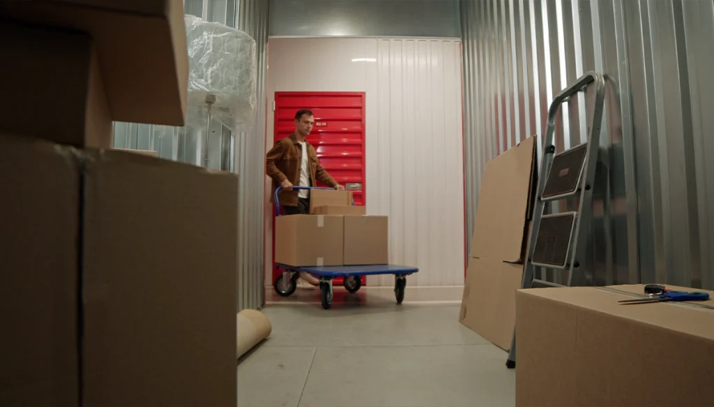 man pushing a cart full of boxes in a storage building
